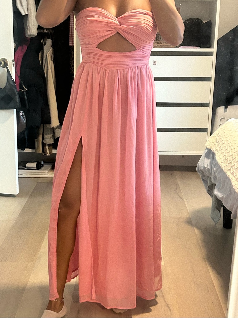 Hello Molly Strapless Pink Maxi Dress with Front Twist and Side Slit